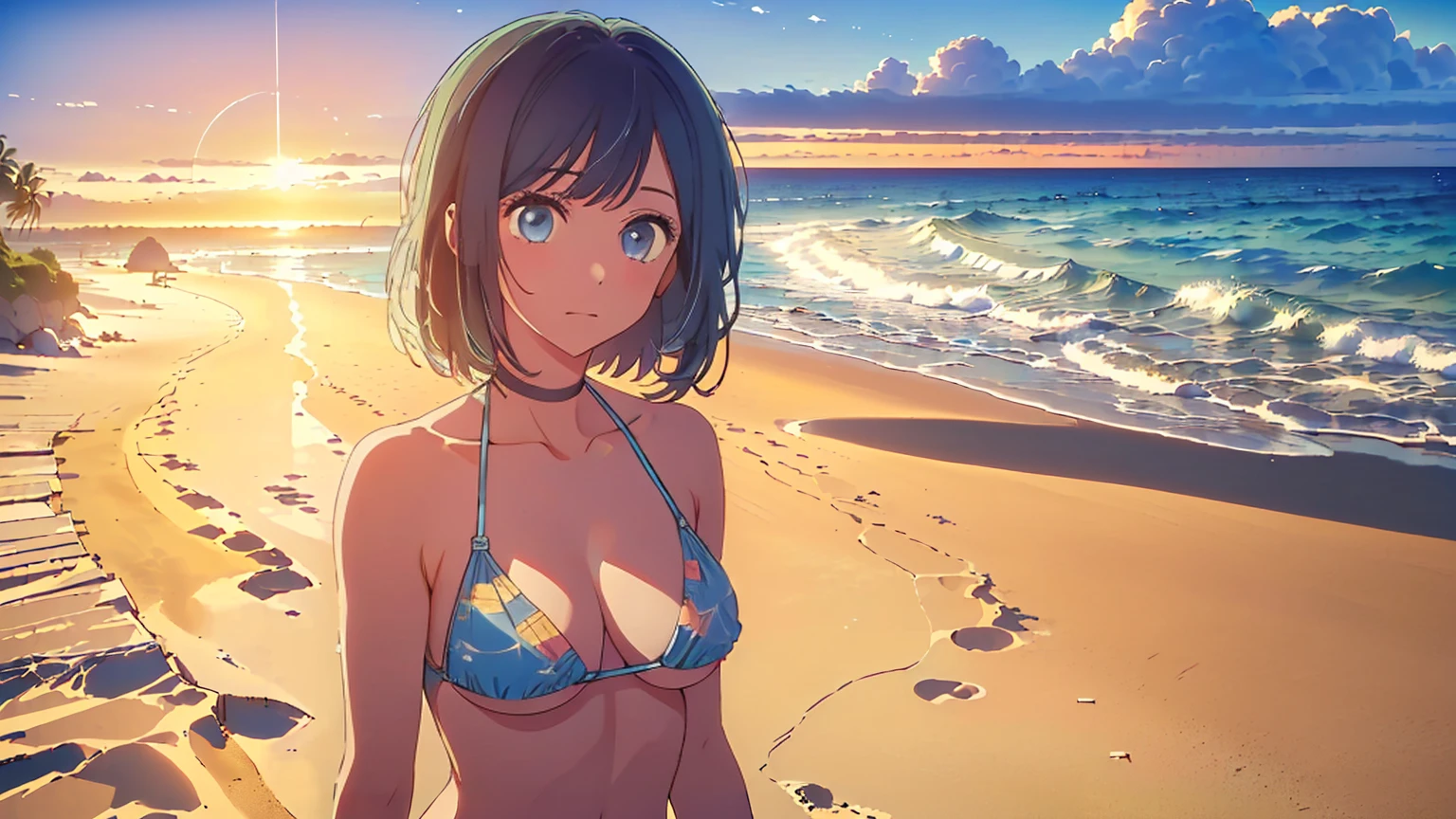 (Highest quality:1.4、masterpiece:1.4、Super detailed:1.4、8k:1.4)、((((1 person、Surprised expression、Standing on the beach in the setting sun、Sandy Beach、Micro Bikini、Very soft 、Big eyes、Very cute face))))、F cup bust、Big Breasts