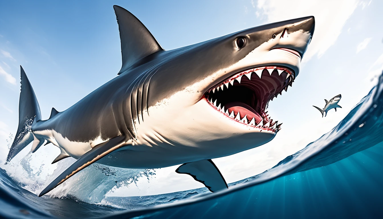 Realistic photos, RAW Photos, shark, attacks viewer, Powerful movements, jump on prey, ((Dynamic jump)), Sharp Claws, shark approaching from above, sudden approach, Bad-tempered, dynamic Shot from grand