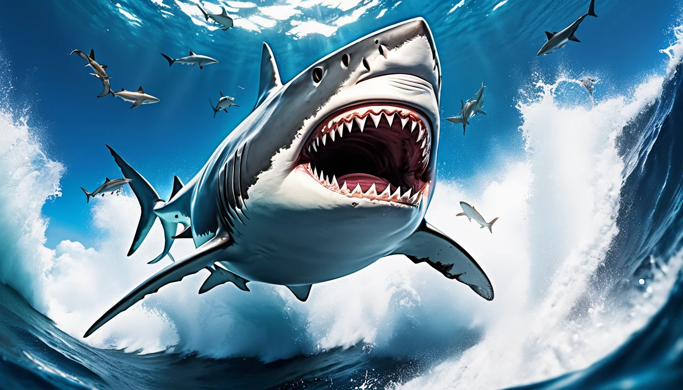 Realistic photos, RAW Photos, shark, attacks viewer, Powerful movements, jump on prey, ((Dynamic jump)), Sharp Claws, shark approaching from above, sudden approach, Bad-tempered, dynamic Shot from grand