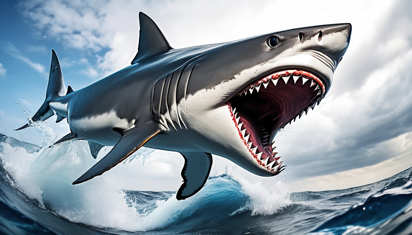 Realistic photos, RAW Photos, shark, attacks viewer, Powerful movements, jump on prey, ((Dynamic jump)), Sharp Claws, shark approaching from above, sudden approach, Bad-tempered, dynamic Shot from grand