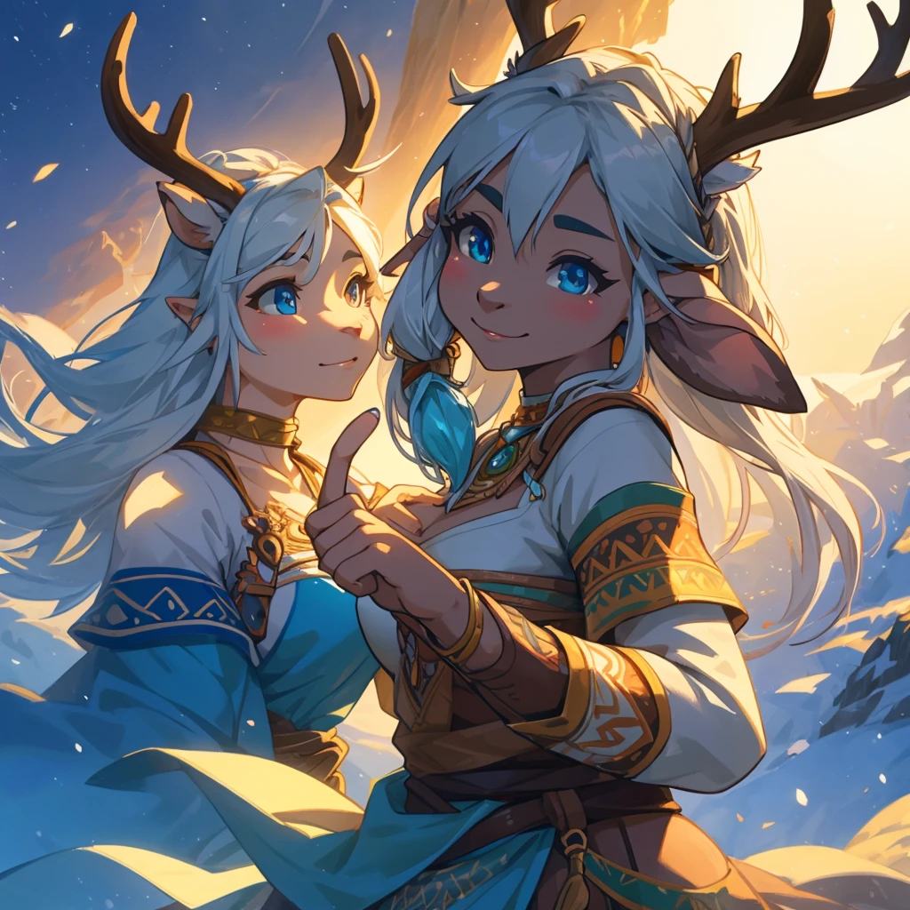 Create an illustrated, hand-drawn, full-color image of an anthropomorphic reindeer women. The artwork should be rendered in the style of "Breath of the Wild," featuring warm lighting and shadows. Include graphite shading, stencil marks, and airbrushed acrylic paint effects. The image should be of the highest quality, a masterpiece with intricate details. The deer women should have a female, humanoid, furry appearance with grey skin. She should have luscious lips, a wide smile, and bright, expressive eyes, exuding beauty, cuteness, and adorableness. Ensure the image is high resolution and sharply detailed, with a detailed and vibrant background. Incorporate mystical lighting in the background, creating a romantic and enchanting atmosphere. ....Fold