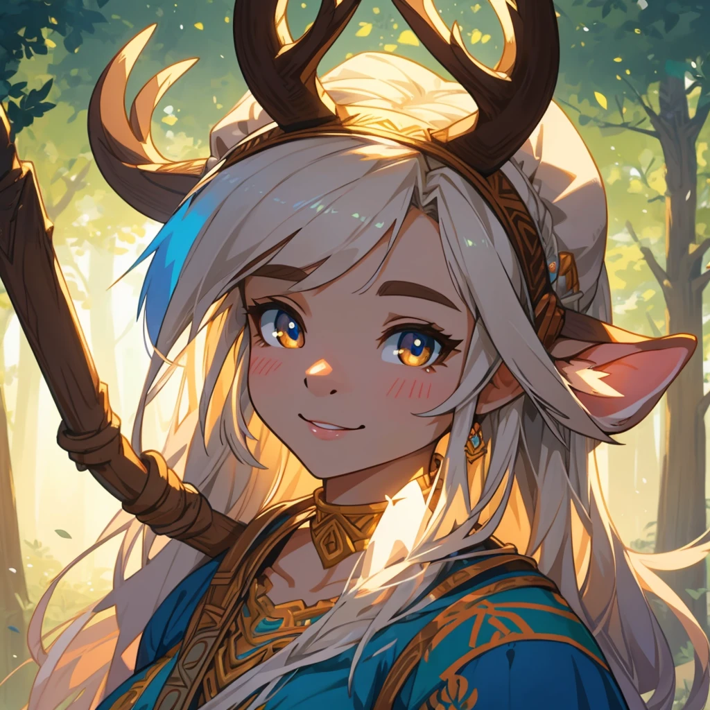 Create an illustrated, hand-drawn, full-color image of an anthropomorphic reindeer women. The artwork should be rendered in the style of "Breath of the Wild," featuring warm lighting and shadows. Include graphite shading, stencil marks, and airbrushed acrylic paint effects. The image should be of the highest quality, a masterpiece with intricate details. The deer women should have a female, humanoid, furry appearance with grey skin. She should have luscious lips, a wide smile, and bright, expressive eyes, exuding beauty, cuteness, and adorableness. Ensure the image is high resolution and sharply detailed, with a detailed and vibrant background. Incorporate mystical lighting in the background, creating a romantic and enchanting atmosphere. ....Fold