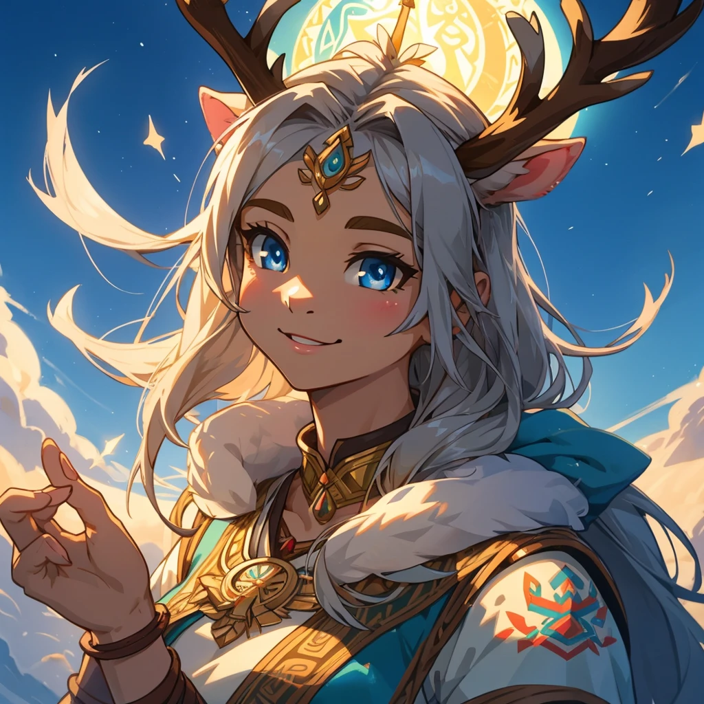 Create an illustrated, hand-drawn, full-color image of an anthropomorphic reindeer women. The artwork should be rendered in the style of "Breath of the Wild," featuring warm lighting and shadows. Include graphite shading, stencil marks, and airbrushed acrylic paint effects. The image should be of the highest quality, a masterpiece with intricate details. The deer women should have a female, humanoid, furry appearance with grey skin. She should have luscious lips, a wide smile, and bright, expressive eyes, exuding beauty, cuteness, and adorableness. Ensure the image is high resolution and sharply detailed, with a detailed and vibrant background. Incorporate mystical lighting in the background, creating a romantic and enchanting atmosphere. ....Fold