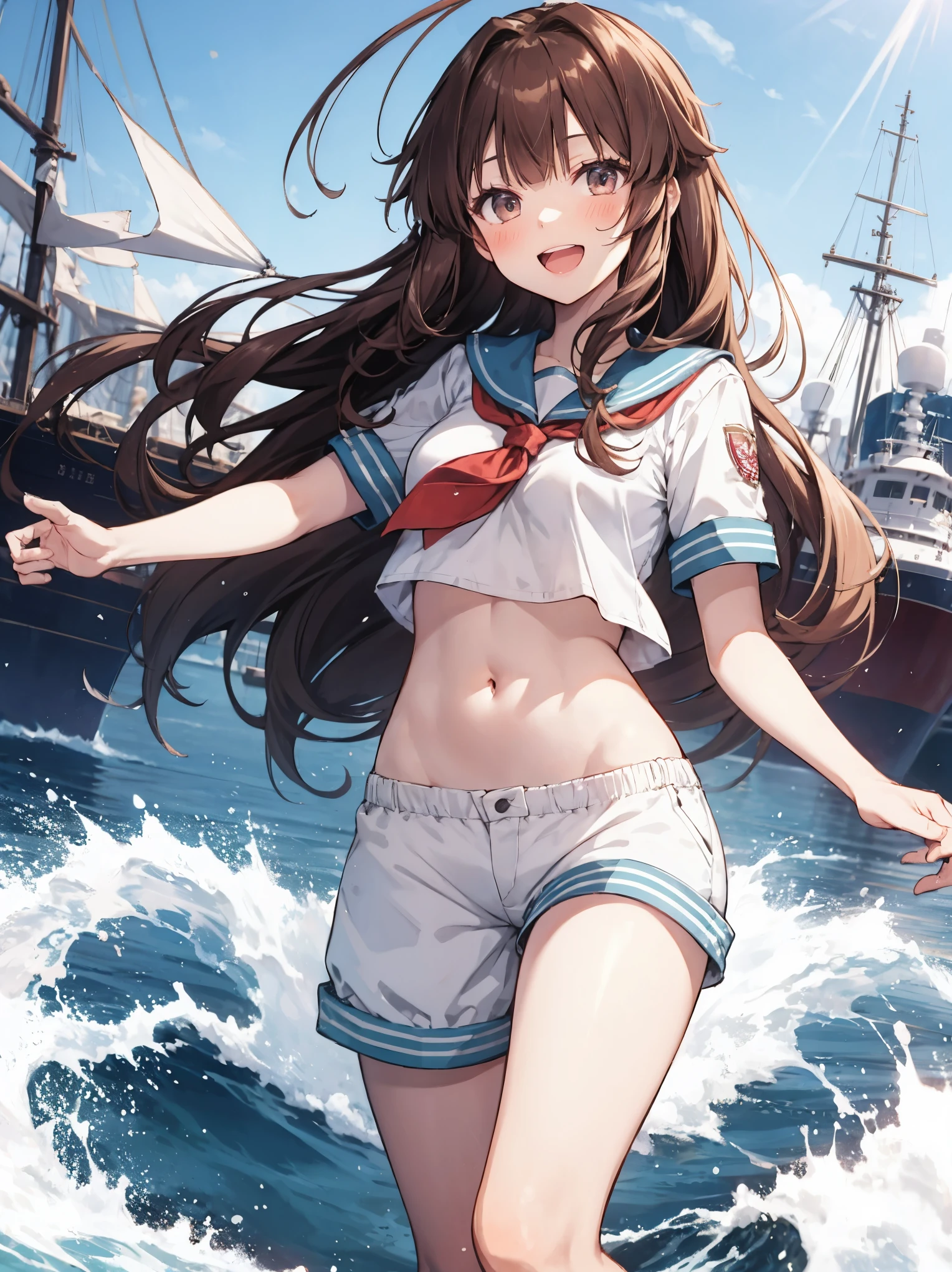 1young_teen_ girl,  brown_hair, long_hair, sailor_uniform,white_ baggy_shorts, short_sleeve, thighs, small_breasts, big_smile, open_mouth, standing, harbor_background, slightly_spread_legs, happiness, covered_crotch,ahoge,XD,exciting,dynamic_posing,solo,(navel:0.6)