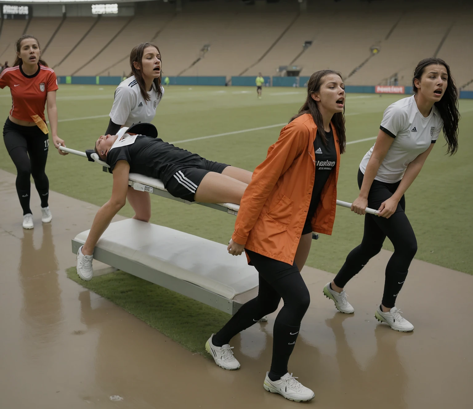 a soccer scene in a german sports stadium, injury scene in a sports stadium, stretcher carry, an injured soccer player is lying head first on his back on a stretcher and is covering his head with the hand, there are four young schoolgirls in shiny leather-trousers carrying a stretcher, there are four longhaired schoolgirls in high-shine latex-leggings who are carrying a stretcher in a german sports stadium, there is a wounded male soccer player in a short sports outfit lying head first on the stretcher, an injured male soccer player is lying head first on his back on a stretcher and is covering his agonised face with a hand, a soccer player is rearing up in intense pain while lying head first on his back on a stretcher and covering his head with a hand, dramatic scene, theatralic posing scene, dramatic pity scene, injury soccer, first aid, help, pity, there are four very angry looking schoolgirls in shiny latex-trousers who are looking very sad and very terrified and very shocked, the injured soccer player is screaming out in pain while he is carried from the pitch on a stretcher