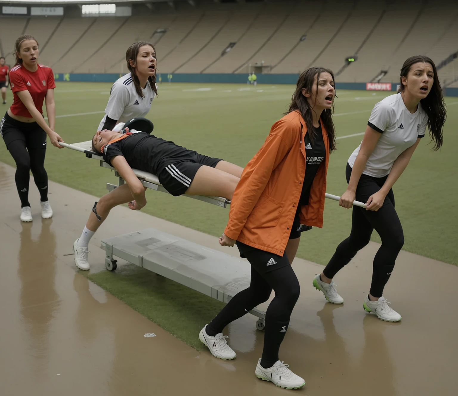a soccer scene in a sports stadium, cool and wet weather conditions, humide ground, rainy sky, injury scene in a sports stadium, stretcher carry, there are four female medics carrying a stretcher, there are four female medics in very shiny coats who are carrying a stretcher in a sports stadium, there is a wounded male soccer player in a matte short cotton sports outfit lying on the stretcher, an injured male soccer player in matte cotton sportswear is lying in pain on a stretcher, a soccer player in matte cotton sports clothes is rearing up in intense pain while lying on a stretcher, dramatic scene, theatralic posing scene, dramatic pity scene, injury soccer, first aid, help, pity, there are four female medics in wetlook high-shine coats who are looking very sad and very terrified and very shocked, the injured soccer player is screaming out in pain while he is carried from the pitch on a stretcher