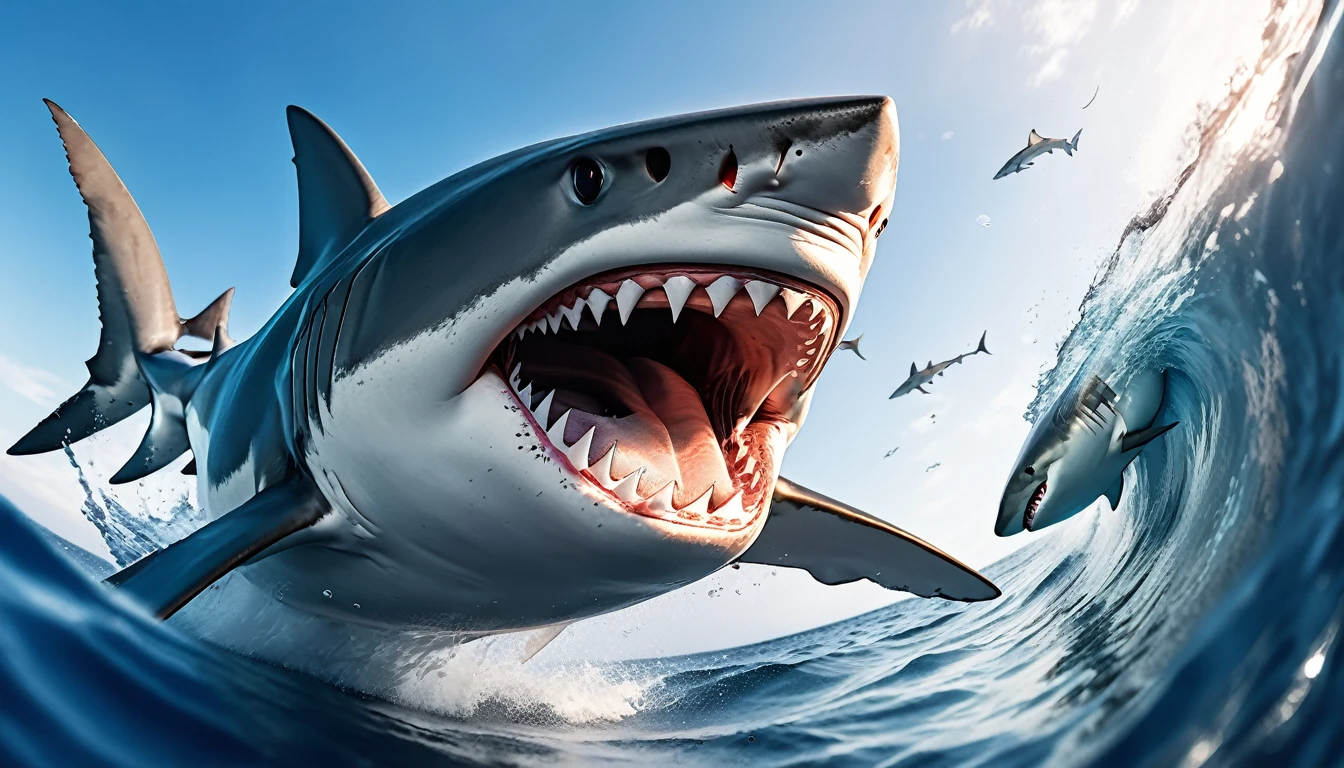 Realistic photos, RAW Photos, shark, attacks viewer, Powerful movements, jump on prey, ((Dynamic jump)), Sharp Claws, shark approaching from above, sudden approach, Bad-tempered, dynamic Shot from grand