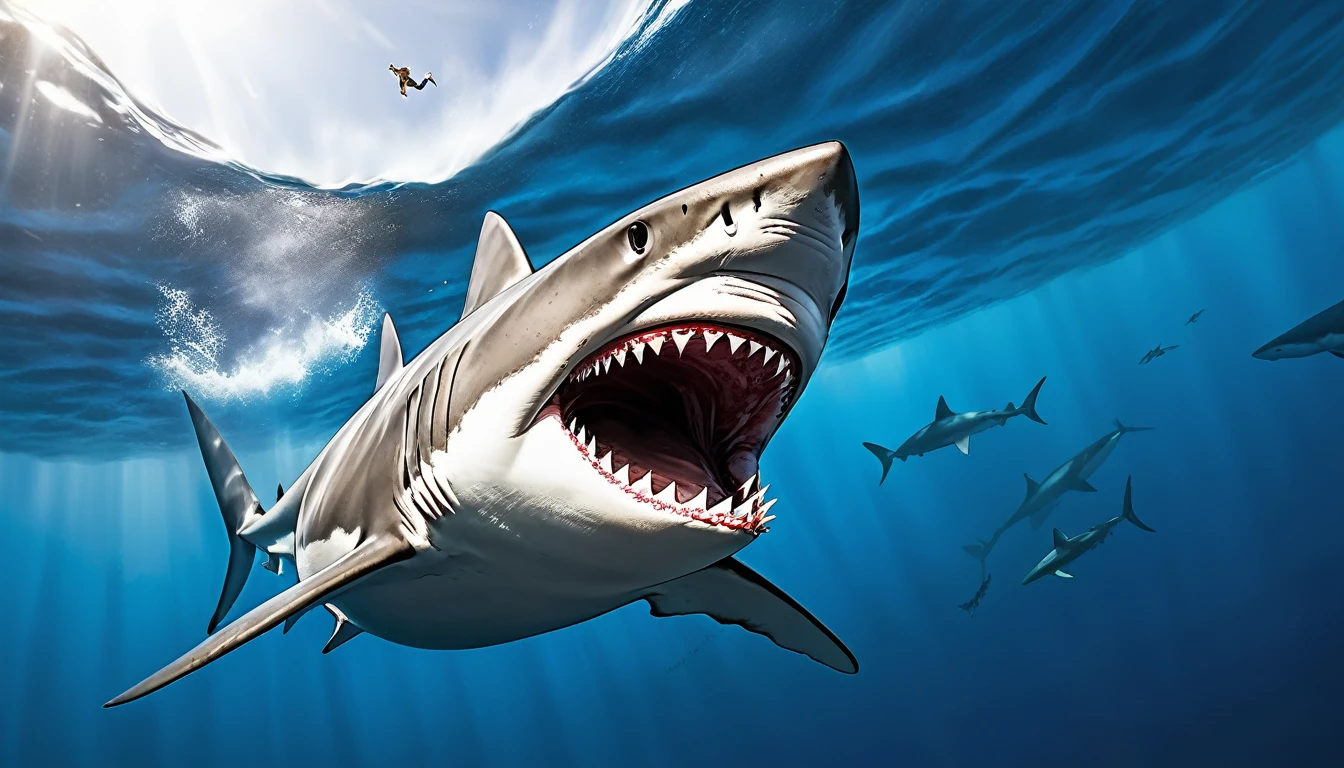 Realistic photos, RAW Photos, shark, attacks viewer, Powerful movements, jump on prey, ((Dynamic jump)), Sharp Claws, shark approaching from above, sudden approach, Bad-tempered, dynamic Shot from grand