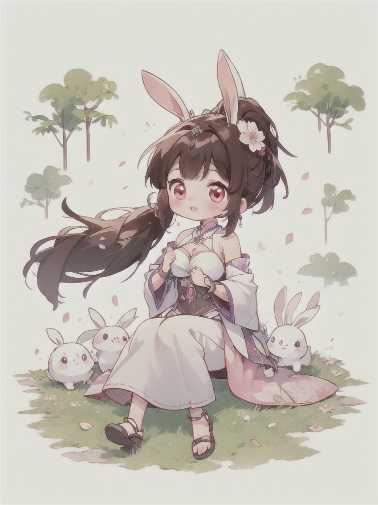 best quality, Cute light-skinned baby,chibi anime,chibi, Long brown hair，High Ponytail，((Rabbit ear hair ornaments)),Shouhui,cute，Pink Eyes,（((full body))），Sitting on the grass，Trees，Falling pink petals，White long skirt，revel,Long skirt，Silver pattern，1girl,Bare legs,big breast,cleavage，Bright colors，Solid color background,Black edge line，White background，Solid color background，jewelry，Jewelry