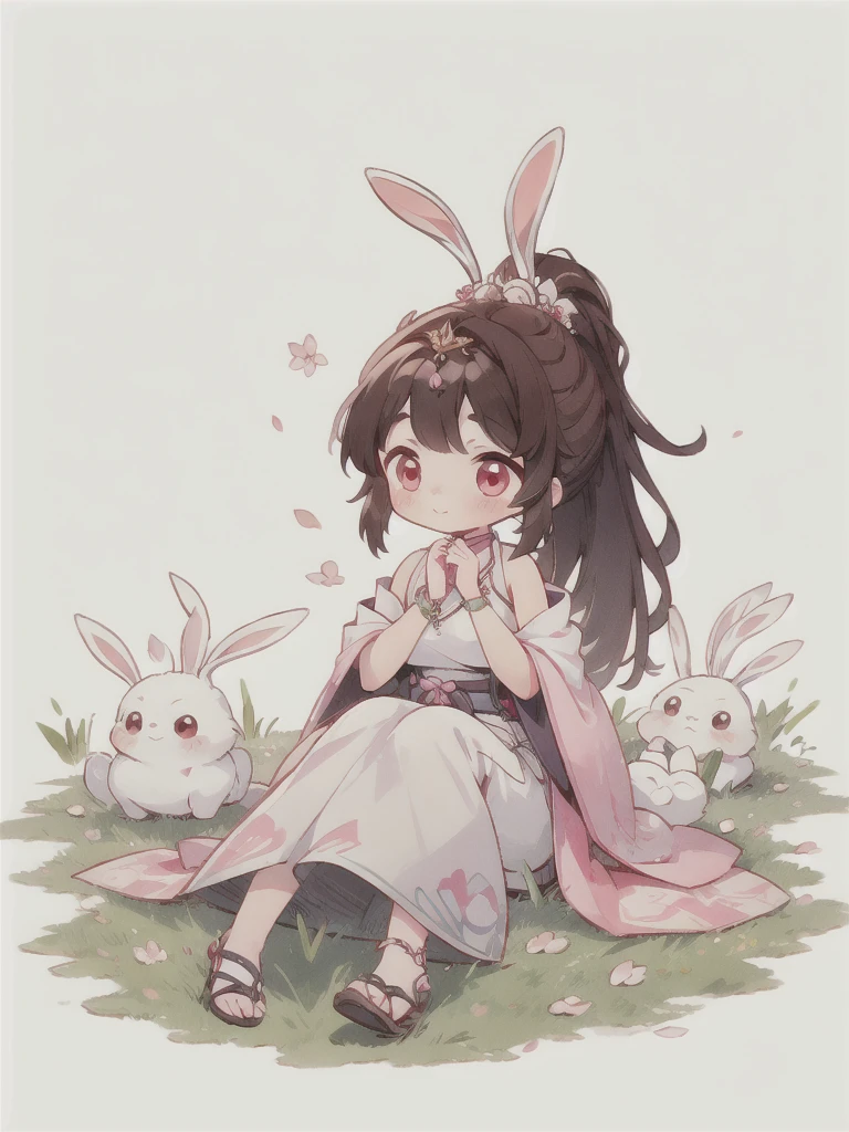 best quality, Cute light-skinned baby,chibi anime,chibi, Long brown hair,High Ponytail,((Rabbit ear hair ornaments)),Shouhui,cute,Pink Eyes,(((full body))),Sitting on the grass,Trees,Falling pink petals,White long skirt,revel,Long skirt,Silver pattern,1girl,Bare legs,big breast,cleavage,Bright colors,Solid color background,Black edge line,White background,Solid color background,jewelry,Jewelry