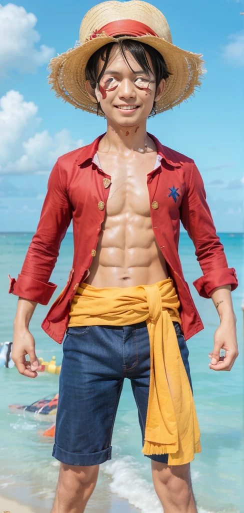 Realistic, highres, Monkey d. Luffy from one piece, A 19-year-old young man with short black hair, wearing a straw hat with a red ribbon. He is dressed in an open red jacket without buttons, (((revealing his muscular chest with a large X-shaped scar))). Luffy is also wearing blue shorts and sandals. His hands are wrapped in bandages, and he is often seen with a wide smile and a confident posture. The background is a tropical island or ocean, reflecting his adventures as a pirate, realistic, cinematic, 4k