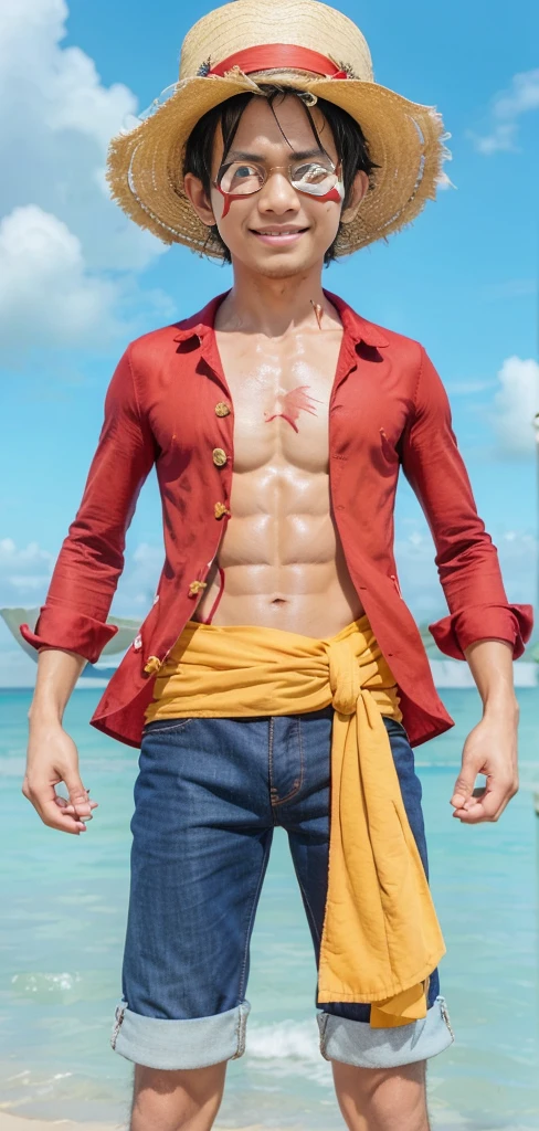 Realistic, highres, Monkey d. Luffy from one piece, A 19-year-old young man with short black hair, wearing a straw hat with a red ribbon. He is dressed in an open red jacket without buttons, (((revealing his muscular chest with a large X-shaped scar))). Luffy is also wearing blue shorts and sandals. His hands are wrapped in bandages, and he is often seen with a wide smile and a confident posture. The background is a tropical island or ocean, reflecting his adventures as a pirate, realistic, cinematic, 4k