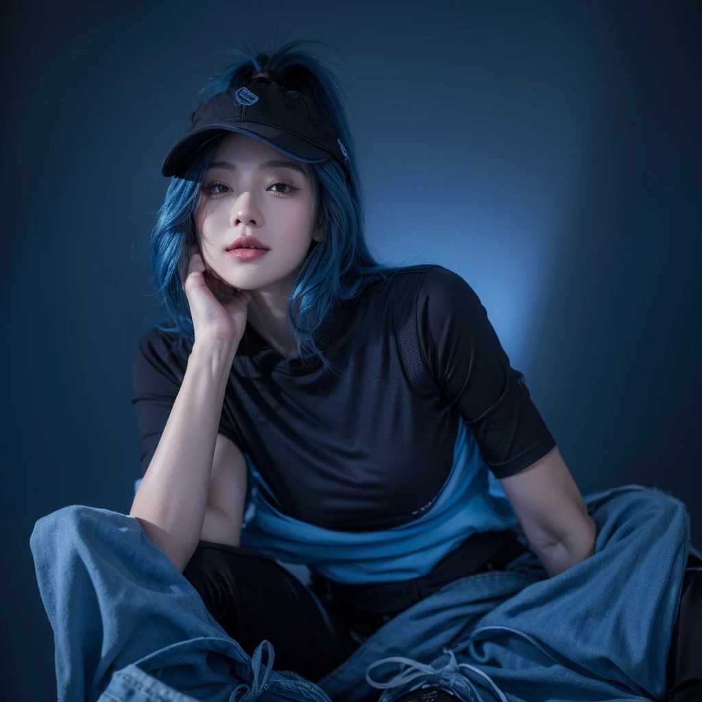21yo girl, ponytail long hair, blue hair, bang hair, wear blue oversize t-shirt, black denim pants, magenta background, soft light