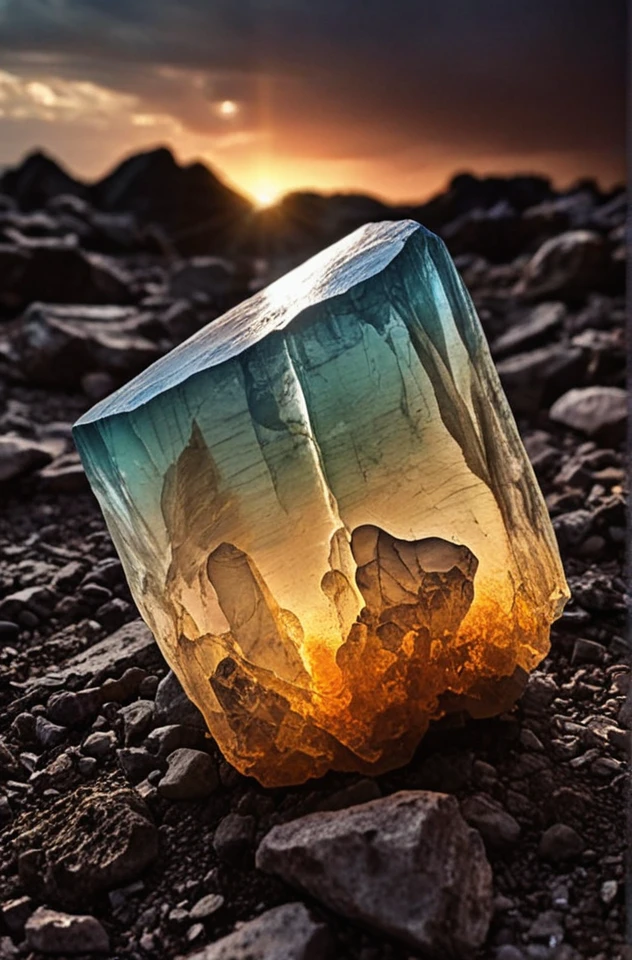 (Introduce quality iteratively))((large glowing transparent natural mineral, mystic light inside, sunbeam, sunset, lightnings, dramatic lighting))(evocative depth of field)(grounded sharpness)(abyss black point)(art of genius)(earthly gradients)(earthy colorful saturated hues))(earth corners vignette))