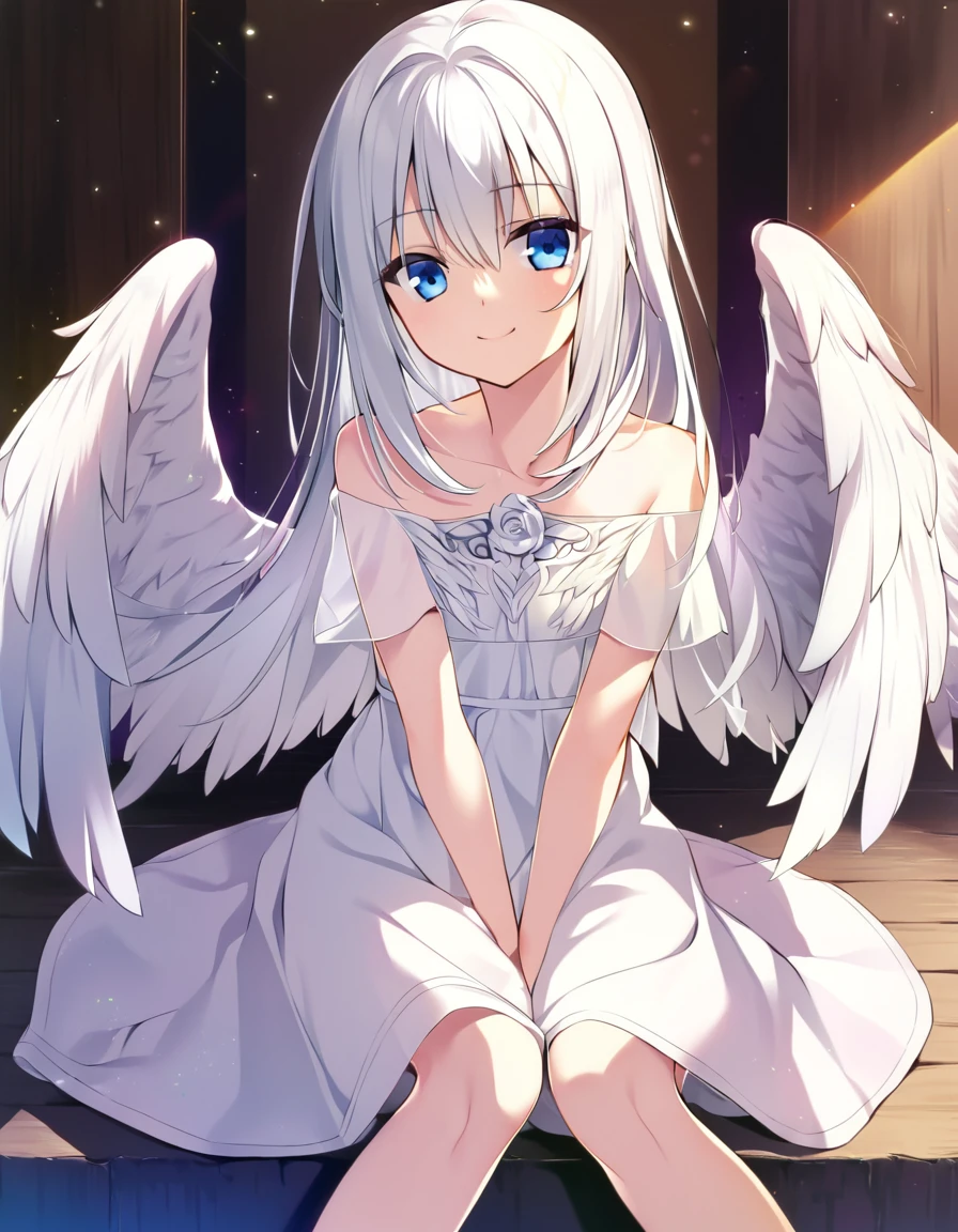 one girl, fallen angel, angel wing, angel ring, sacred, cute, naive, sitting, 15 years old, beautiful, light blue eyes, white dress, white hair, smile gently at me, girl focus