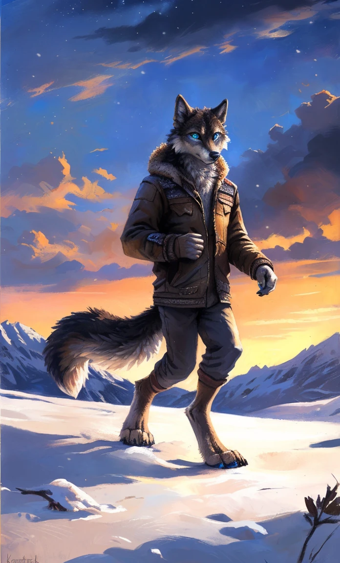 ((Solo)), male people, anthro wolf, (Multi-colored fur, White-brown:1.3，White tail pointed), (Height 2.1m,Tail length 1.2m), ((Wolf face, Big eyes, White eyelids, Blue pupil, Slim:1.2) (Tough, Calm expression:1.2)), Slim, pinging)), (Correct ???????), (Winter clothing:1.1), The upper body  naked, (detailed outfits),A long big tail，Feet，(Realistic fur, Detailed fur texture, labeled:1.3)), (Natural lighting), Photorealistic, Hyperrealistic, ultradetailed, by Kenket，Snowfield，erect through，Running on