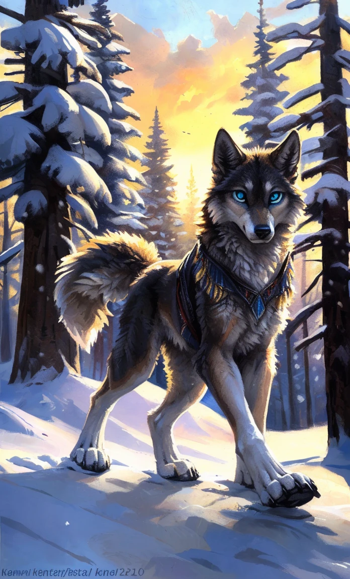((Solo)), male people, anthro wolf, (Multi-colored fur, White-brown:1.3,White tail pointed), (Height 2.1m,Tail length 1.2m), ((Wolf face, Big eyes, White eyelids, Blue pupil, Slim:1.2) (Tough, Calm expression:1.2)), Slim, pinging)), (Correct anatomy), (Winter clothing:1.1), The upper body naked, (detailed outfits),A long big tail,Feet,(Realistic fur, Detailed fur texture, labeled:1.3)), (Natural lighting), Photorealistic, Hyperrealistic, ultradetailed, by Kenket,Snowfield,erect through,Running on