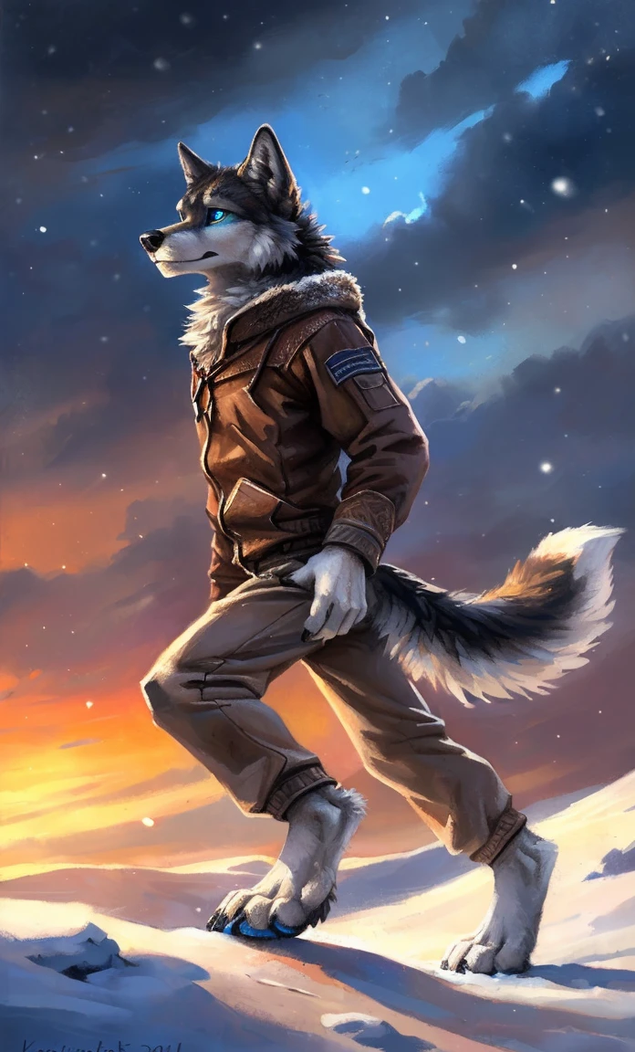 ((Solo)), male people, anthro wolf, (Multi-colored fur, White-brown:1.3,White tail pointed), (Height 2.1m,Tail length 1.2m), ((Wolf face, Big eyes, White eyelids, Blue pupil, Slim:1.2) (Tough, Calm expression:1.2)), Slim, pinging)), (Correct anatomy), (Winter clothing:1.1), The upper body naked, (detailed outfits),A long big tail,Feet,(Realistic fur, Detailed fur texture, labeled:1.3)), (Natural lighting), Photorealistic, Hyperrealistic, ultradetailed, by Kenket,Snowfield,erect through,Running on