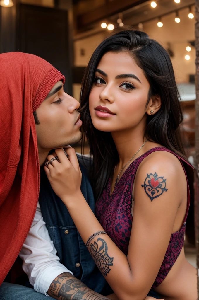 Generate a image of a girl kissing a boy of tatto 'dishabh' on his hand