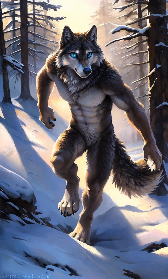 ((Solo)), male people, anthro wolf, (Multi-colored fur, White-brown:1.3,White tail pointed), (Height 2.1m,Tail length 1.5m), ((Wolf face, Big eyes, White eyelids, Blue pupil, Slim:1.2) (Tough, Calm expression:1.2)), Abs, Slim, pinging)), (Correct anatomy), Naked all over the body,A long big tail,Feet,(Realistic fur, Detailed fur texture, labeled:1.3)), (Natural lighting), Photorealistic, Hyperrealistic, ultradetailed, by Kenket,Snowfield,No artifacts, Running on