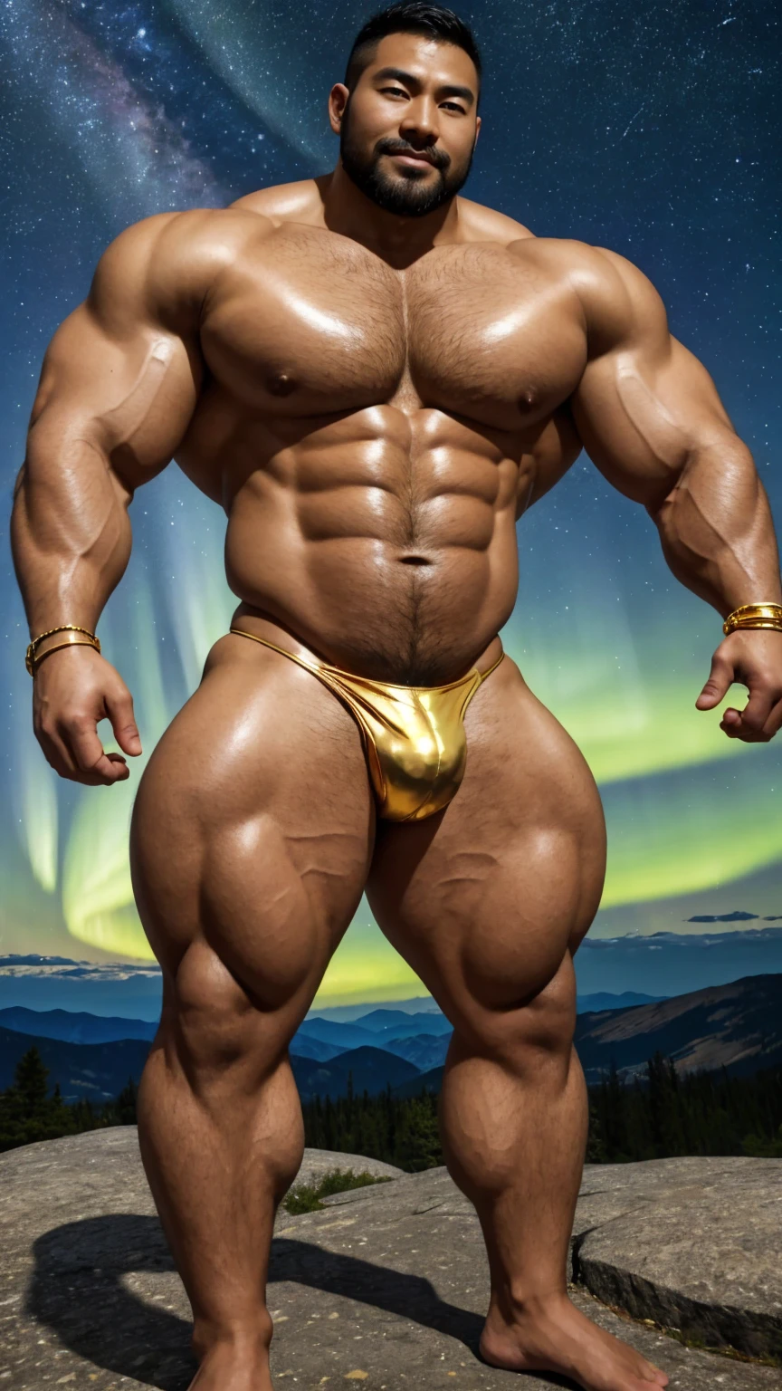 There is only one handsome Chinese man in the photo,35 years old,tall, Fitness,Smooth body,Smooth skin,No chest hair,short hair, O-Shaped Beard,Perfect body, Dark skin color,Radiant Skin,Smooth skin,Shiny, shiny skin,Smooth pectoral muscles,Muscle bulge, muscular, Very large pectoral muscles,Very sexy abdominal muscles,Very well-developed leg muscles,Huge concave and convex area,Brightens oily skin,Wearing a shiny gold leather thong,Handsome face,Normal human toes,Correct and accurate male body proportions,Gold Collar,Gold bracelet,Gold anklets,Standing on the top of the mountain,Night sky,A sky full of stars,There are auroras,Colorful,Charming dream scene,Epic。