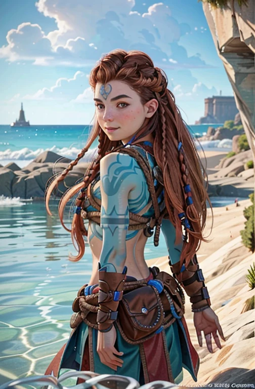 Alloy Horizon, alone, smile, Brown Hair, hair ornaments, belly button, Brown eyes, Braiding, Outdoor, parted lips, null, Day, cloud, Redhead, water, From behind, blue null, lips, Look to the side, tattoo, Ocean, avert your eyes, Thick eyebrows, sheath, rope, freckles, rock, Realistic, nose, Dreadlocks, childhood, 6 years old, , Ugly,  regression
