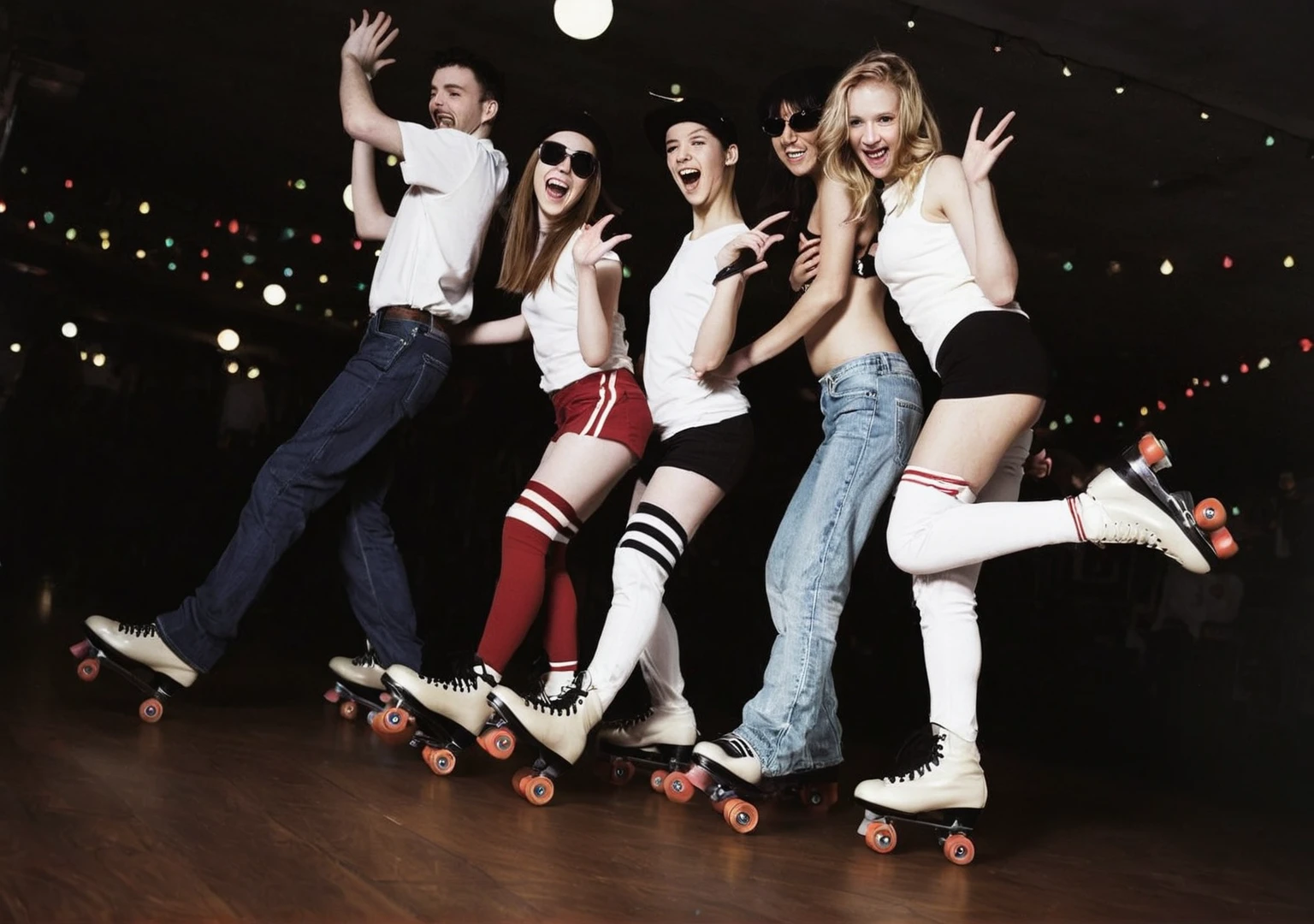 a group roller skating on a wooden floor
