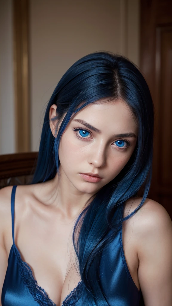 a girl. face sent feeling. Europe. Oval face. long face. delicate facial features. sad eyes. seductively seductive. blue eyes. long straight hair. blue hair. Sad and disappointed expression. silk nightgown.