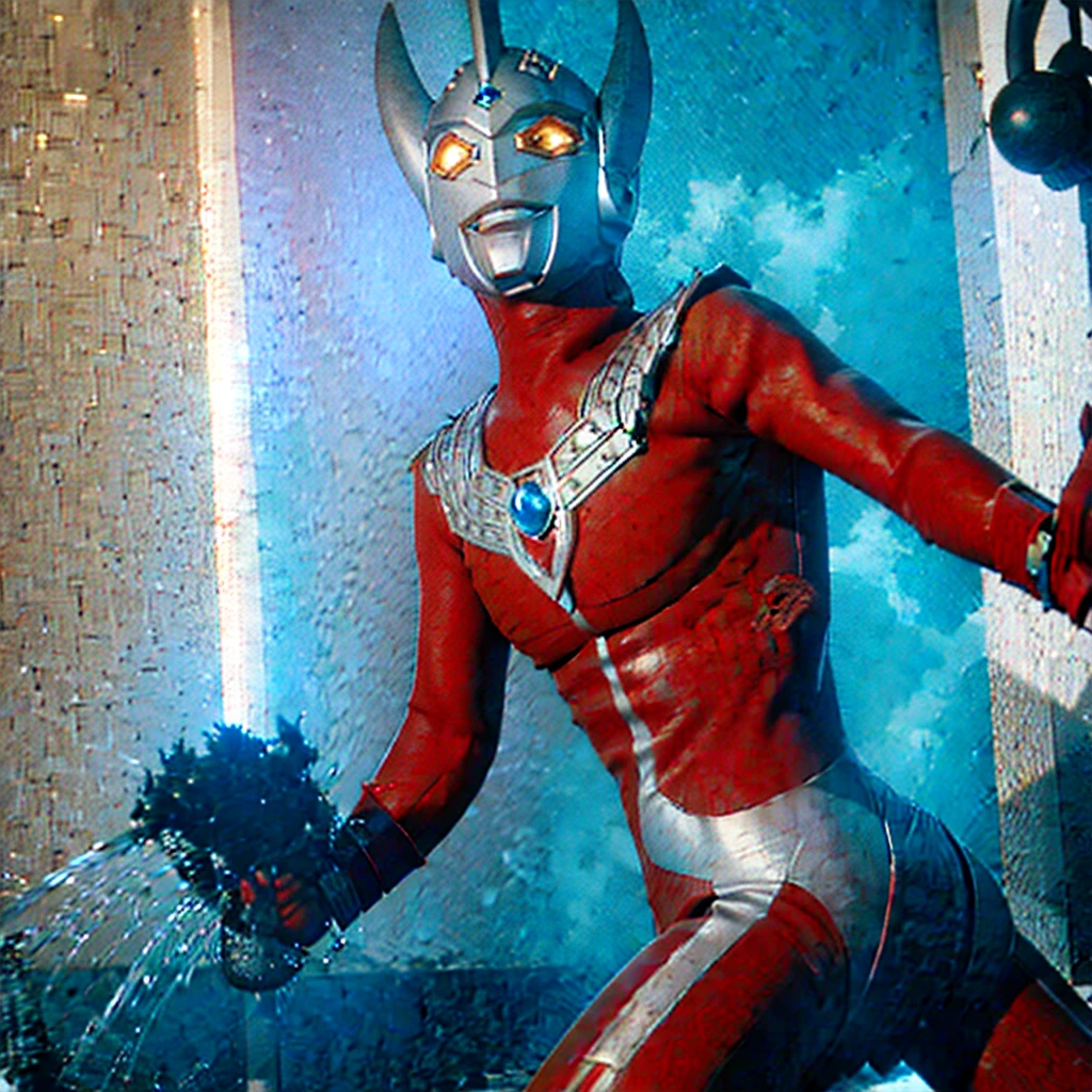 1 man, solo, 4k, 8k, ultraman taro pin up, photo realistic, bara, , nakey, slim body, human skin color, hairy body, head only ultraman taro with naked humdy, small penis, shower