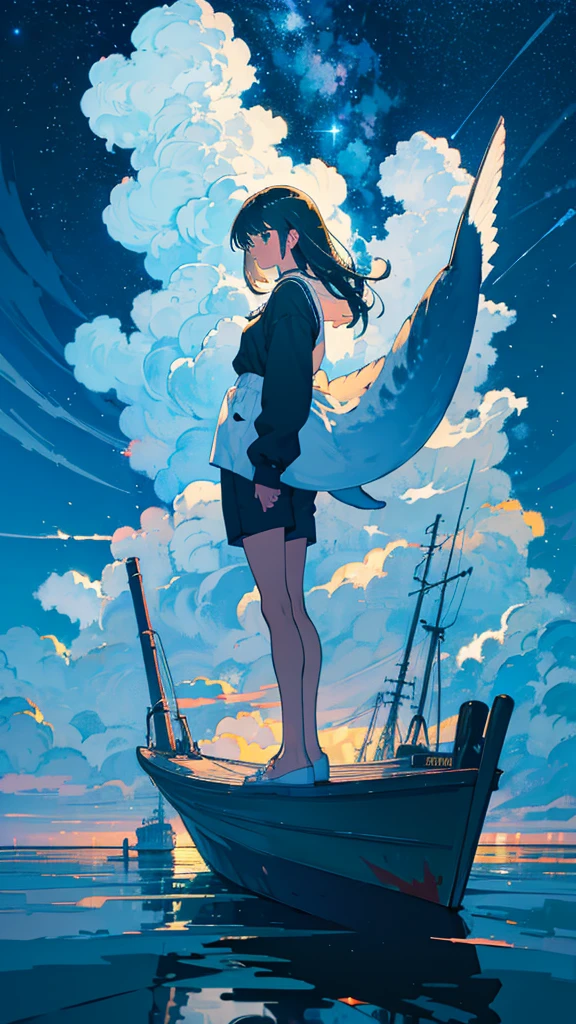 masterpiece, Exquisite detail,Highest quality, One girl, alone, handrail, cloud, Looking up at the buildings,Long Hair, zero, Long sleeve, Power lines, White footwear, Black Hair, View your viewers, Electric pole, bangs, cloudy zero, fish, bird, Green Eyes, Shorts, Day, Black Shirt, barefoot,Whale flying in the sky,Giant whale,night,Star,milky way,night,Pitch black,Buildings,Sitting, High quality anime art style,Standing painting,Splash ink background,Blue Themes,Clear Face,Distinct facial features