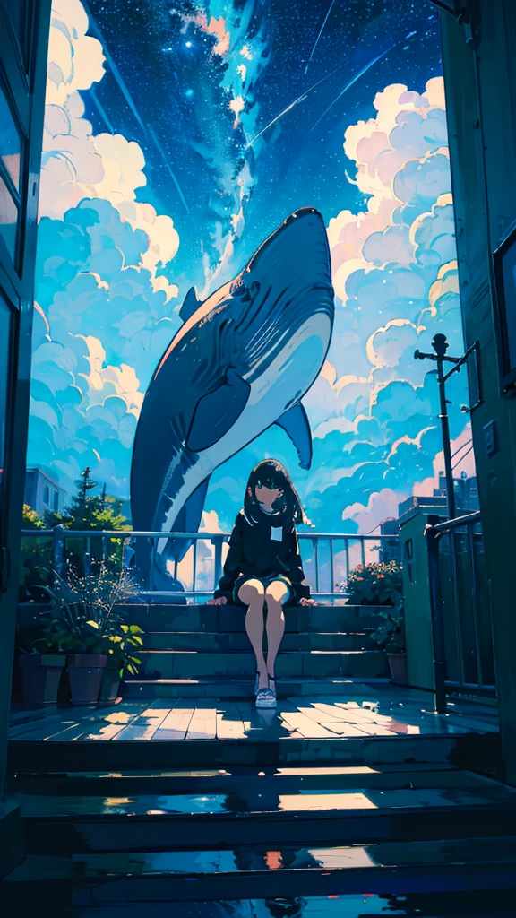 masterpiece, Exquisite detail,Highest quality, One girl, alone, handrail, cloud, Looking up at the buildings,Long Hair, zero, Long sleeve, Power lines, White footwear, Black Hair, View your viewers, Electric pole, bangs, cloudy zero, fish, bird, Green Eyes, Shorts, Day, Black Shirt, barefoot,Whale flying in the sky,Giant whale,night,Star,milky way,night,Pitch black,Buildings,Sitting, High quality anime art style，Standing painting，Splash ink background，Blue Themes,Clear Face,Distinct facial features