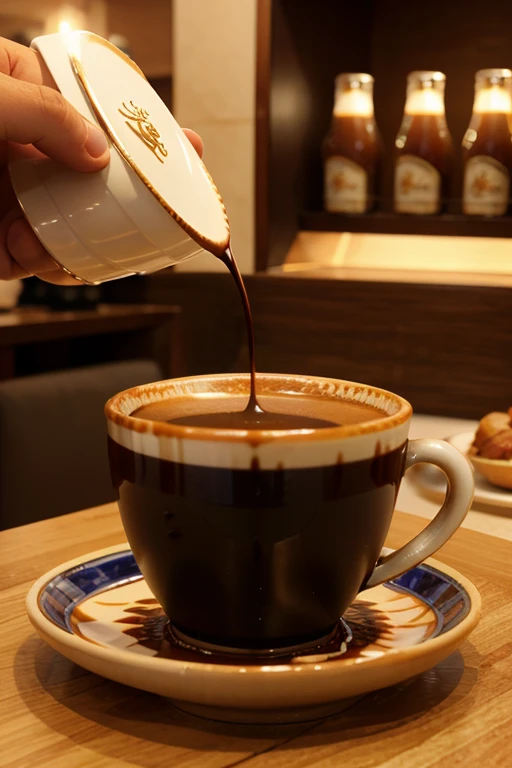 Create a 3D image of Arabic coffee that is classic and encourages customers to a calm and safe environment that provides a youthful atmosphere and shows that we accept everyone's freedom.