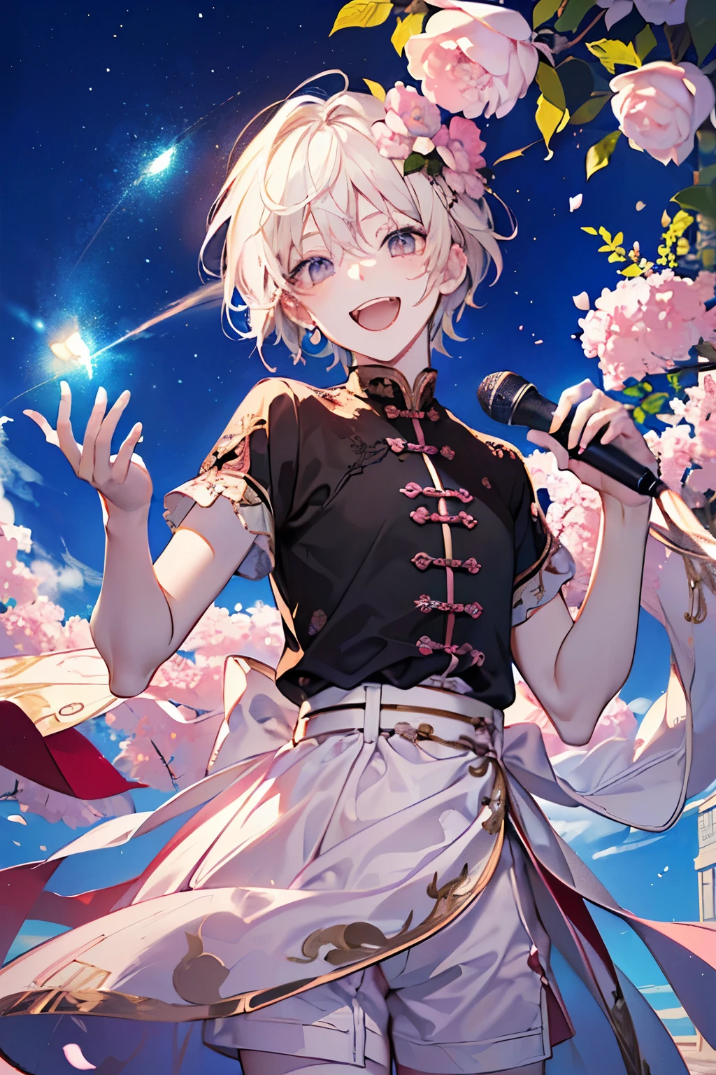 ((cute,kawaii,wonderland)),(Shy laugh、🥺),(Microphone Performance、Fansa:1.25),((boy,Men's,male:1.2)),((1.25)),((Short sleeve、Summer clothes、Gorgeous:1.25)),((male性アイドル:1.15)),Angle from below,Angle of incitement,((Stardust Road)),(Short Hair:1.3),((pink、White、Light、beige:1.1)).