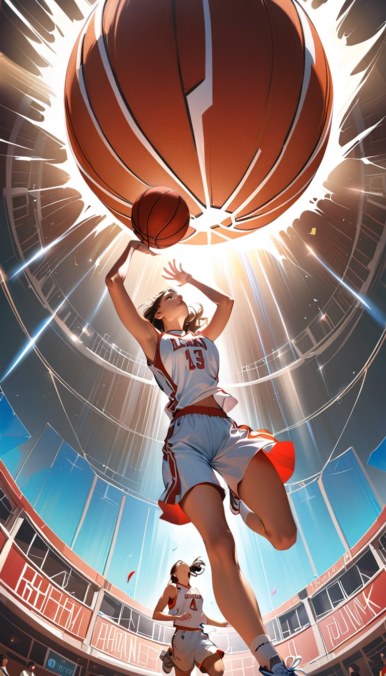 full body shot, low angle shot, game-wining dunk, jumping, basket, (A woman basketball player,1girl,beautiful detailed eyes,beautiful detailed lips,extremely detailed eyes and face,longeyelashes,intense focused expression, game-winning dunk, long and high jump with ball, slam dunk, basketball court,cheering crowd,high energy atmosphere,showstopping slam dunk,dramatic lighting,cinematic camera angle,hyperrealistic,award-winning photography,vibrant dynamic colors,dramatic chiaroscuro), luna