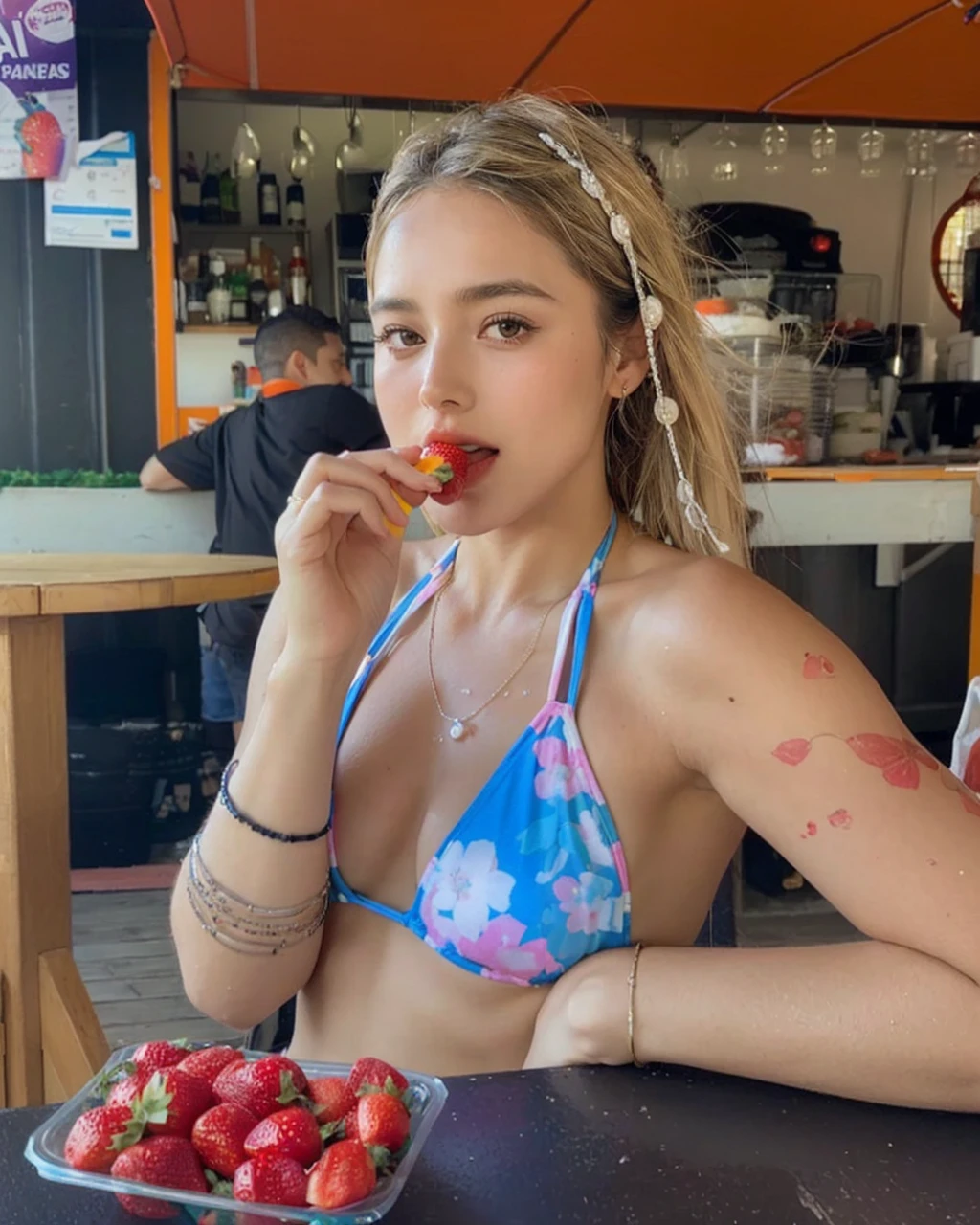 Araffe woman in bikini eating a strawberry and a piece of fruit, olivia de bernardinis, coty romero, Wear a bathing suit, wearing two piece swimsuit, in a bikini, profile picture, wearing neon pearl bikini, wearing a bikini, Ana de Armas, in bikini, her navel is exposed, beautiful lady