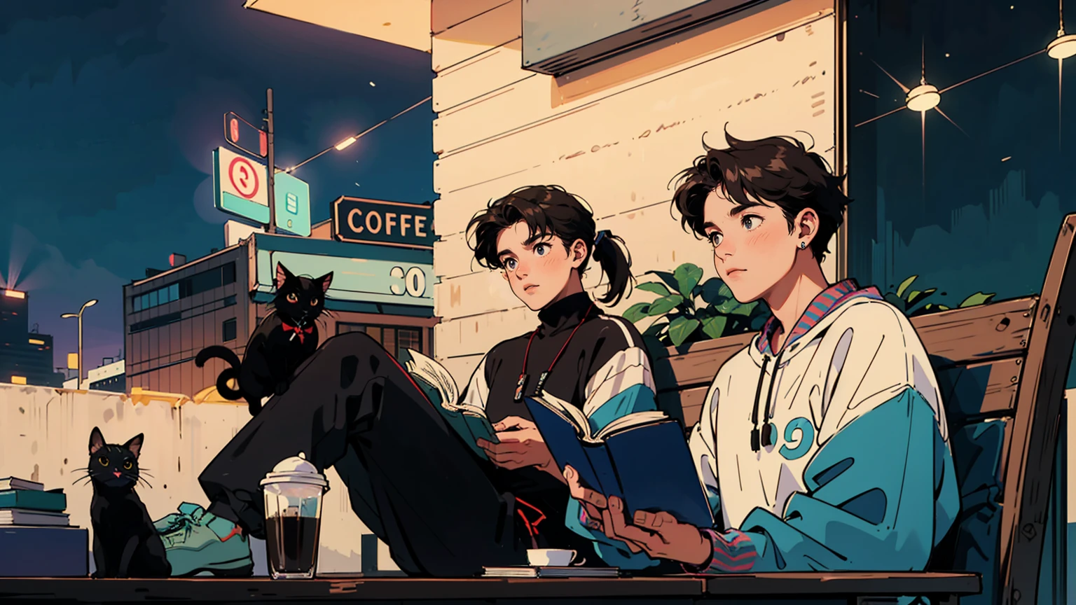 best quality, 8k, 1990s style,2010s hairstyles, 21-year-old boy, black hair, light brown eyes, city pop, pants ,night view, wearing headphones,reading a book, whole body,  relax coffee,table,confection,Looking at me, Black cat
