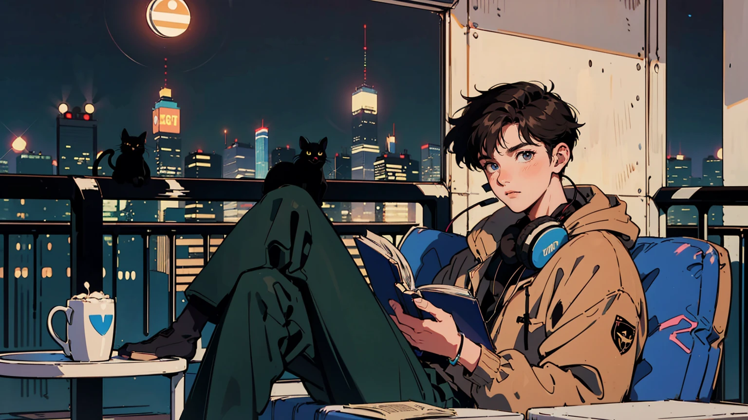 best quality, 8k, 1990s style,2010s hairstyles, 21-year-old boy, black hair, light brown eyes, city pop, pants ,night view, wearing headphones,reading a book, whole body, relax coffee,table,confection,Looking at me, Black cat