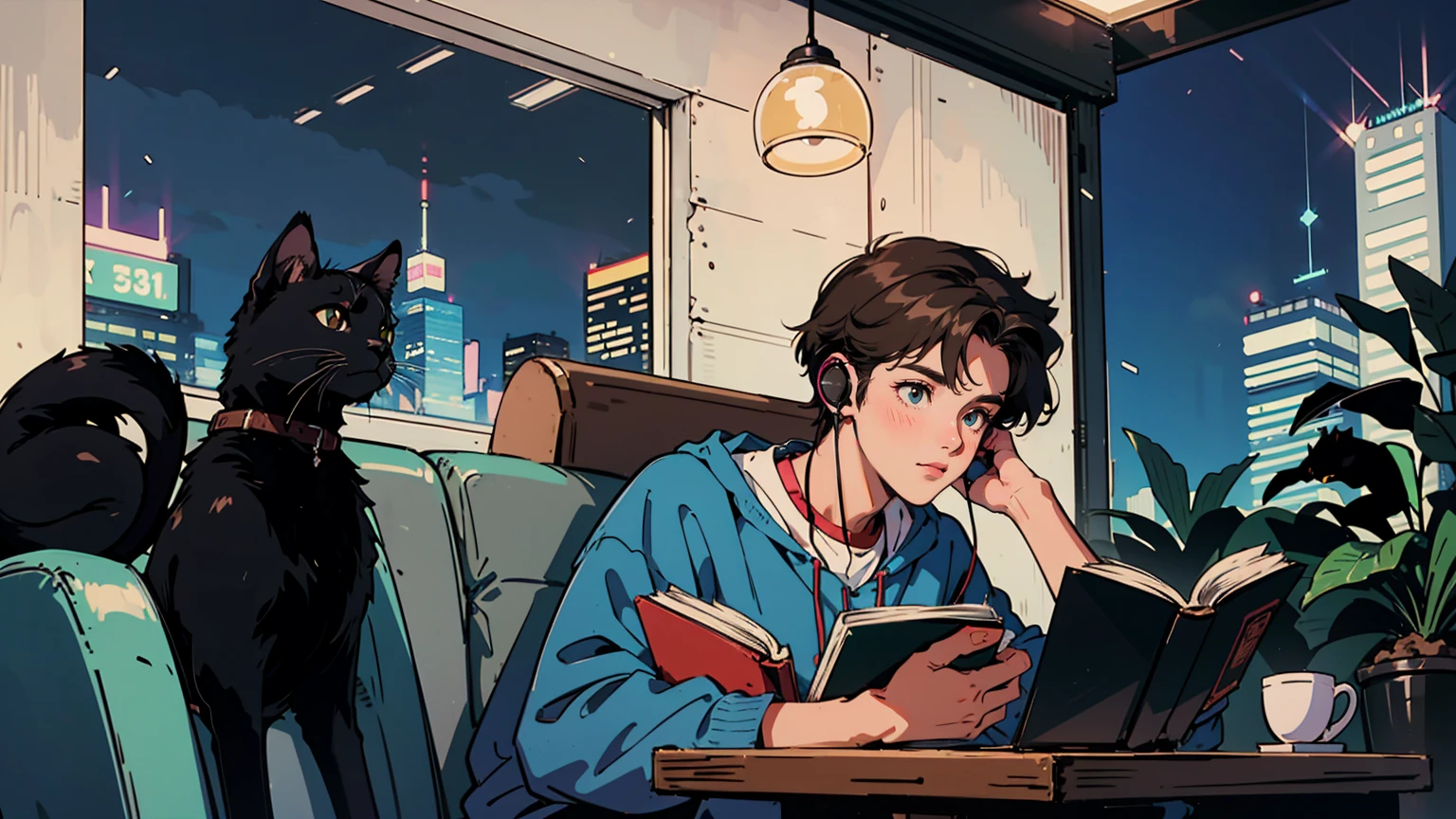 best quality, 8k, 1990s style,2010s hairstyles, 21-year-old boy, black hair, light brown eyes, city pop, pants ,night view, wearing headphones,reading a book, whole body,  relax coffee,table,confection,Looking at me, Black cat
