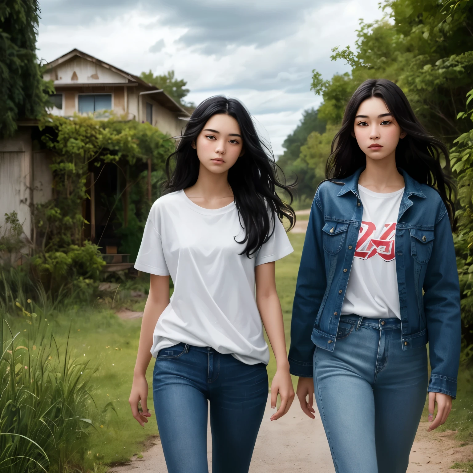 ((best quality)), ((masterpiece)), (detailed), A digital illustration of two high school age girls with long black hair walking towards an abandoned bungalow surrounded by bushes and dark clouds. They both are wearing plain white t-shirt and blue jeans and are having nervous expression on their face.