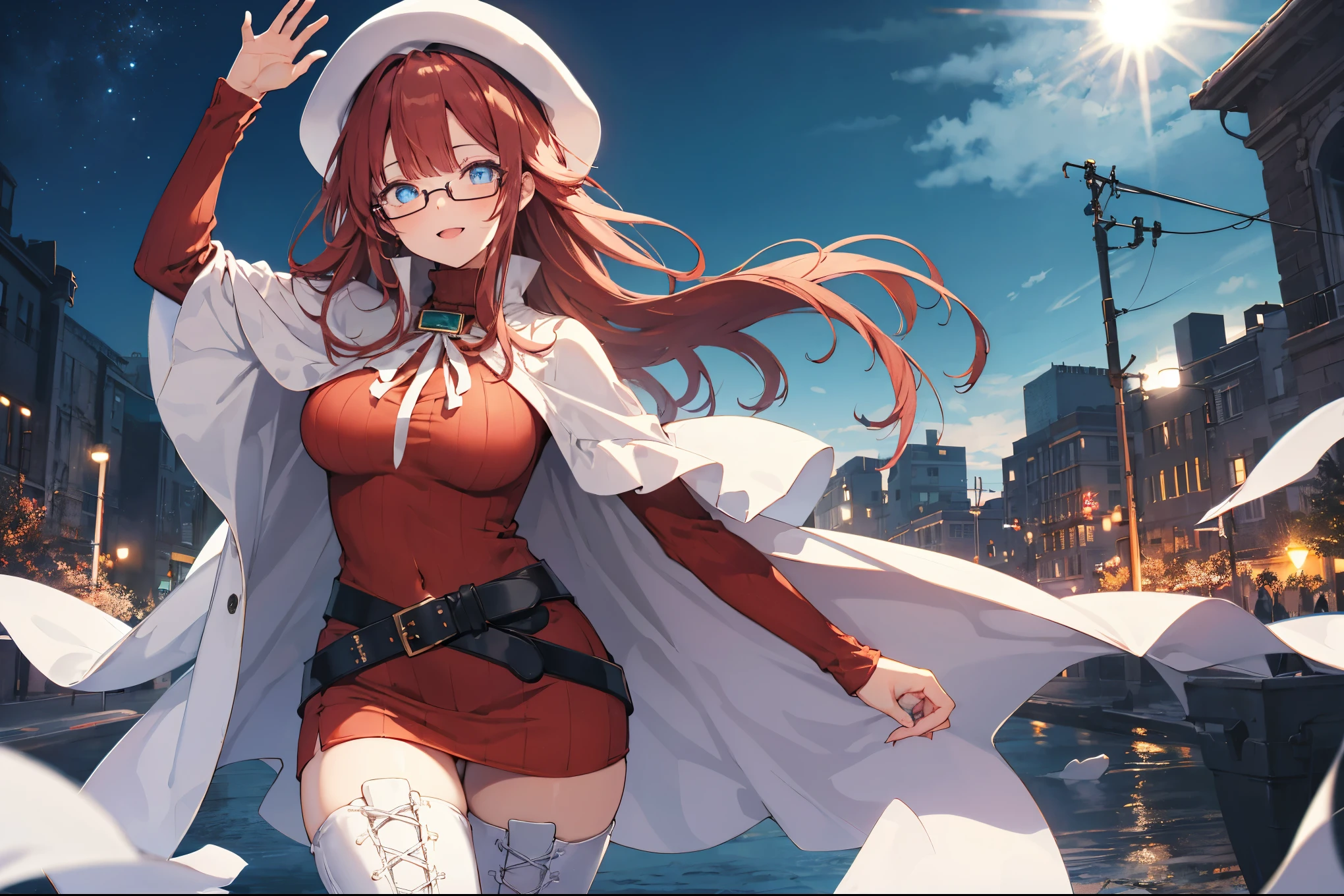 summonnightaty, aty, (young:1.3),long hair, blue eyes, red hair, big_tits, hat, glasses,
BREAK long hair, thighhighs, hat, dress, naked_legs, glasses, belt, cape, sweater, zettai ryouiki, beret, thigh boots, white footwear, ribbed sweater, loose belt,solo,
BREAK outdoors, fantasy,
,Highquality_hads,perfect_fingers,
BREAK (masterpiece:1.2), best quality, high resolution, unity 8k wallpaper, (illustration:0.8), (beautiful detailed eyes:1.6), extremely detailed face, perfect lighting, extremely detailed CG, (perfect hands, perfect anatomy),covered_nipples,covered_navel ,half_eyes,long_sword,sleepy_eyes,red_sweater,apart_knees,magical_effect,spread_legs, have_a_book,teacher,rise_knee,Smile,rise_hand,look_down_viewer,spread_arms,,looking_into,plump,open_mouth, dynamic_posing,solo,in_Emodern_town_landscape,night_sky,solo