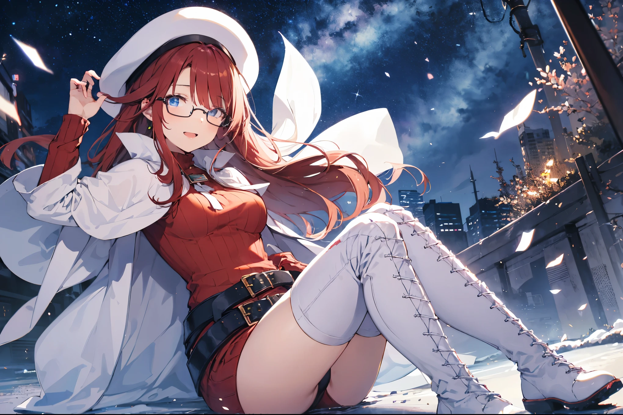 summonnightaty, aty, (young:1.3),long hair, blue eyes, red hair, big_tits, hat, glasses,
BREAK long hair, thighhighs, hat, dress, naked_legs, glasses, belt, cape, sweater, zettai ryouiki, beret, thigh boots, white footwear, ribbed sweater, loose belt,solo,
BREAK outdoors, fantasy,
,Highquality_hads,perfect_fingers,
BREAK (masterpiece:1.2), best quality, high resolution, unity 8k wallpaper, (illustration:0.8), (beautiful detailed eyes:1.6), extremely detailed face, perfect lighting, extremely detailed CG, (perfect hands, perfect anatomy),covered_nipples,covered_navel ,half_eyes,long_sword,sleepy_eyes,red_sweater,apart_knees,magical_effect,spread_legs, have_a_book,teacher,rise_knee,Smile,rise_hand,look_down_viewer,spread_arms,,looking_into,plump,open_mouth, dynamic_posing,solo,in_Emodern_town_landscape,night_sky,solo