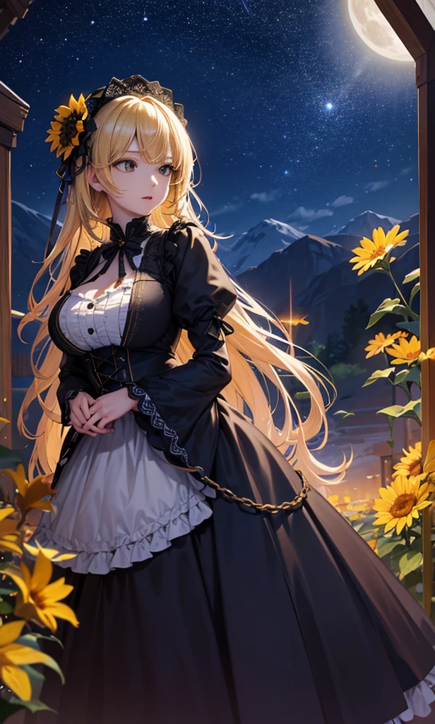 masterpiece, high quality, 4K, Beautiful design, silhouette,blonde, 非常に詳細な夜のStarry Sky,Sunflower flower garden, wonderful, Finer details, Very knowledgeable woman, Highly detailed solo, 1 female,Big Breasts,Gothic Lolita Fashion,Night view,Starry Sky,full moon,