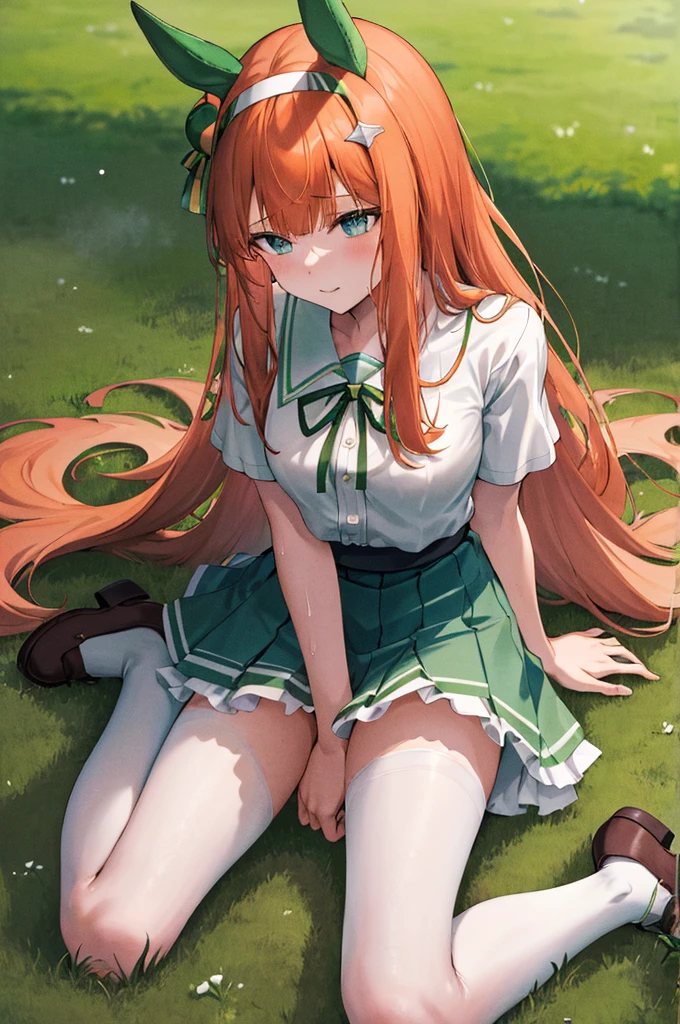 masterpiece, best quality, highres, ccsuzuka, long hair, animal ears, ear covers,white hairband,white shirt, green ribbon, short sleeves, blue skirt, black pantyhose,horse tail, green sailor collar, black bow, grass, wariza, sweat, shoes,((vaginal,sex,woman on top))