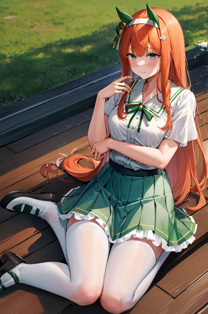 There are two characters. One is a cute ginger hair with green eyes anime woman. There other is a cute anime man. The woman is peeing in her panties on the legs of the man. The pee is dripping and yellow. There is pee on the ground. The man is wet from the pee.
