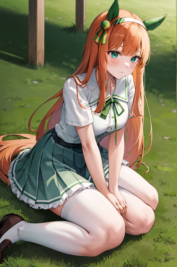 masterpiece, best quality, highres, ccsuzuka, long hair, animal ears, ear covers,white hairband,white shirt, green ribbon, short sleeves, blue skirt, black pantyhose,horse tail, green sailor collar, black bow, grass, wariza, sweat, shoes,((vaginal,sex,woman on top))