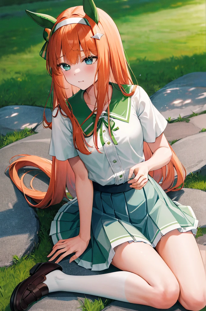 masterpiece, best quality, highres, ccsuzuka, long hair, animal ears, ear covers,white hairband,white shirt, green ribbon, short sleeves, blue skirt, black pantyhose,horse tail, green sailor collar, black bow, grass, wariza, sweat, shoes,((vaginal,sex,woman on top))