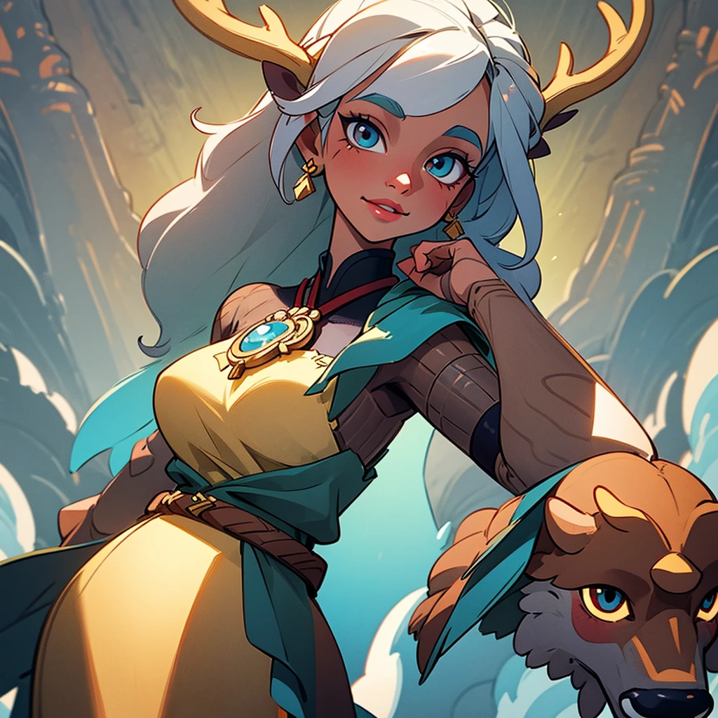 Create an illustrated, hand-drawn, full-color image of an anthropomorphic reindeer women. The artwork should be rendered in the style of "Breath of the Wild," featuring warm lighting and shadows. Include graphite shading, stencil marks, and airbrushed acrylic paint effects. The image should be of the highest quality, a masterpiece with intricate details. The deer women should have a female, humanoid, furry appearance with grey skin. She should have luscious lips, a wide smile, and bright, expressive eyes, exuding beauty, cuteness, and adorableness. Ensure the image is high resolution and sharply detailed, with a detailed and vibrant background. Incorporate mystical lighting in the background, creating a romantic and enchanting atmosphere. ....Fold