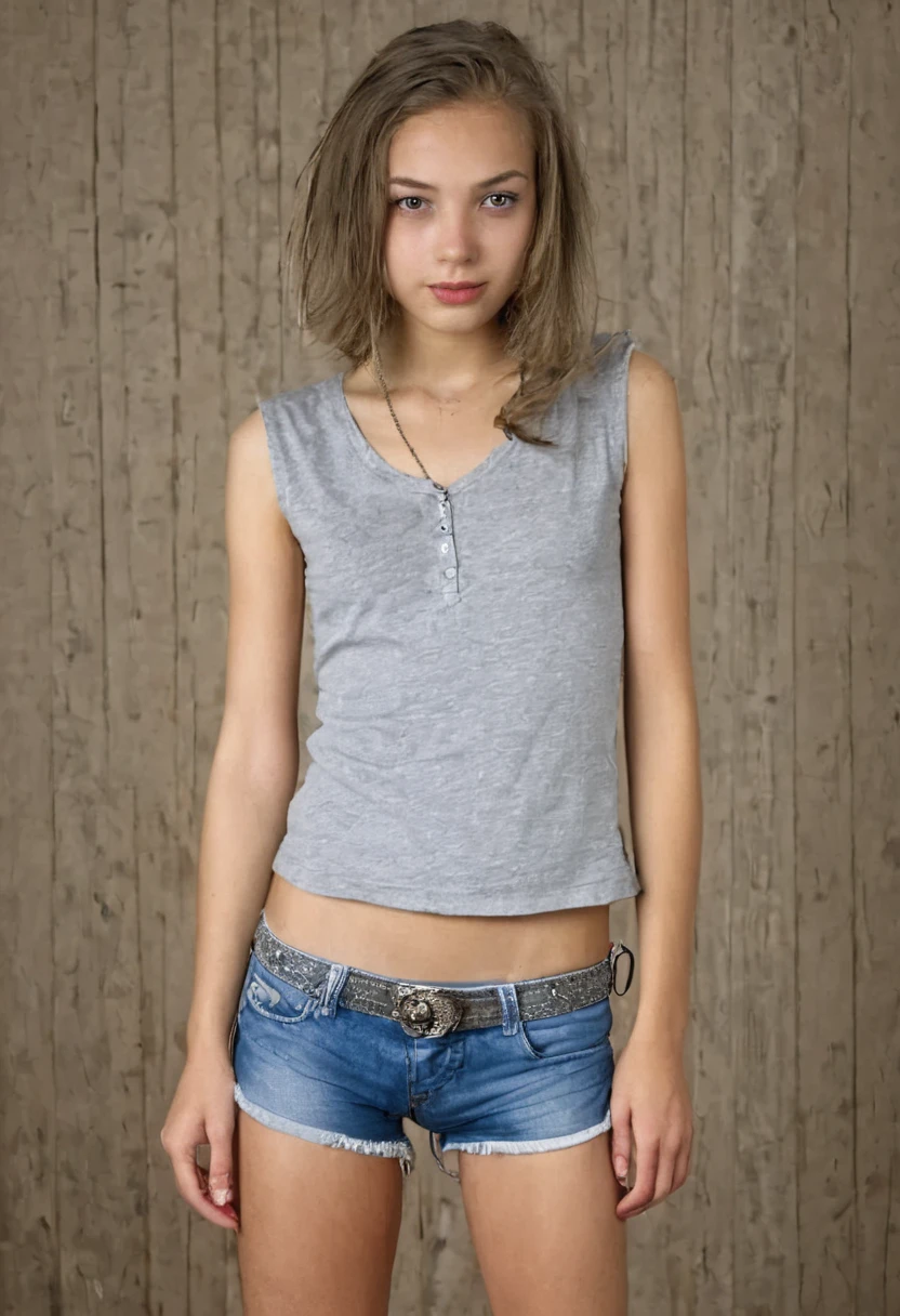 1 girl, , idol, , clavicle, ,standing, photo, movie, depth of field, skin texture,, lock of hair, long hair, dirty hair, , cute beautiful perfect face , 14 years view, cotton panties, Panties for legs, realistic, cowboy shot, Studio shot, hip gap, (промежNoseть), whole body, NECKLACE, from the shoulder, short and tight unbuttoned blouse, lips, realistic, Nose, flirting with the camera, hip gap