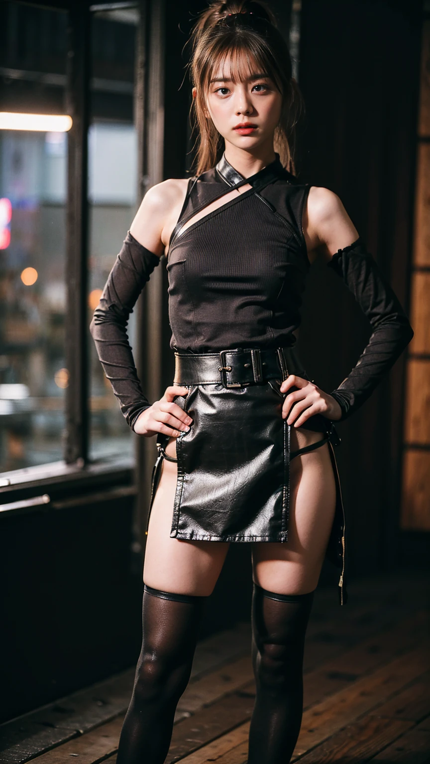 (8k、RAW Photos、Highest quality、masterpiece:1.2)、(Highest quality、Realistic)、1 Girl、((leather、ガーターbelt、ponytail、Tube top、Arm Covers、Ninja costume、mini skirt、black、Japanese clothing、tights、Belly button、Gloves、belt、ribbon、See-through、Thin legs、whole body、boots、City of night、View from the front、Looking into the camera、Stand with hands on hips))、cute