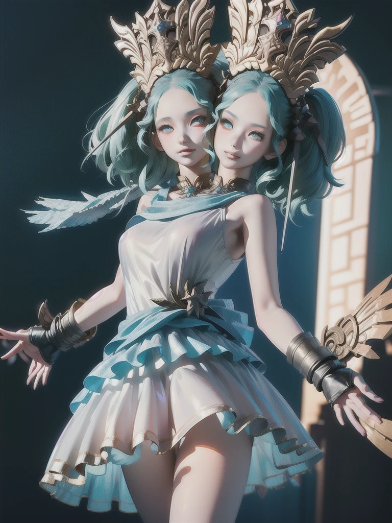 Best quality, masterpiece, ultra high res, (photorealistic:1.4), 1girl, offshoulder, deep shadow, shiny skin,depth of field, night sky, crown,  aqua eyes, blue hair,  luxury dress, white dress, shiny dress, good hand, depth of field,  white skin, glowing eyes,  golden armor arm,  (2heads:1.5)